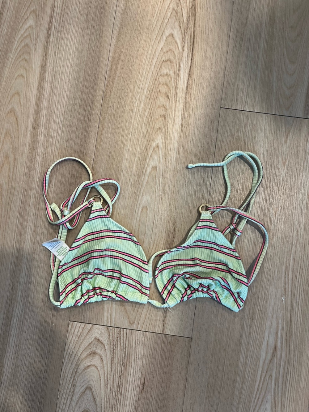 aerie Mint Green Striped Triangle Bikini Top with Pink Accents